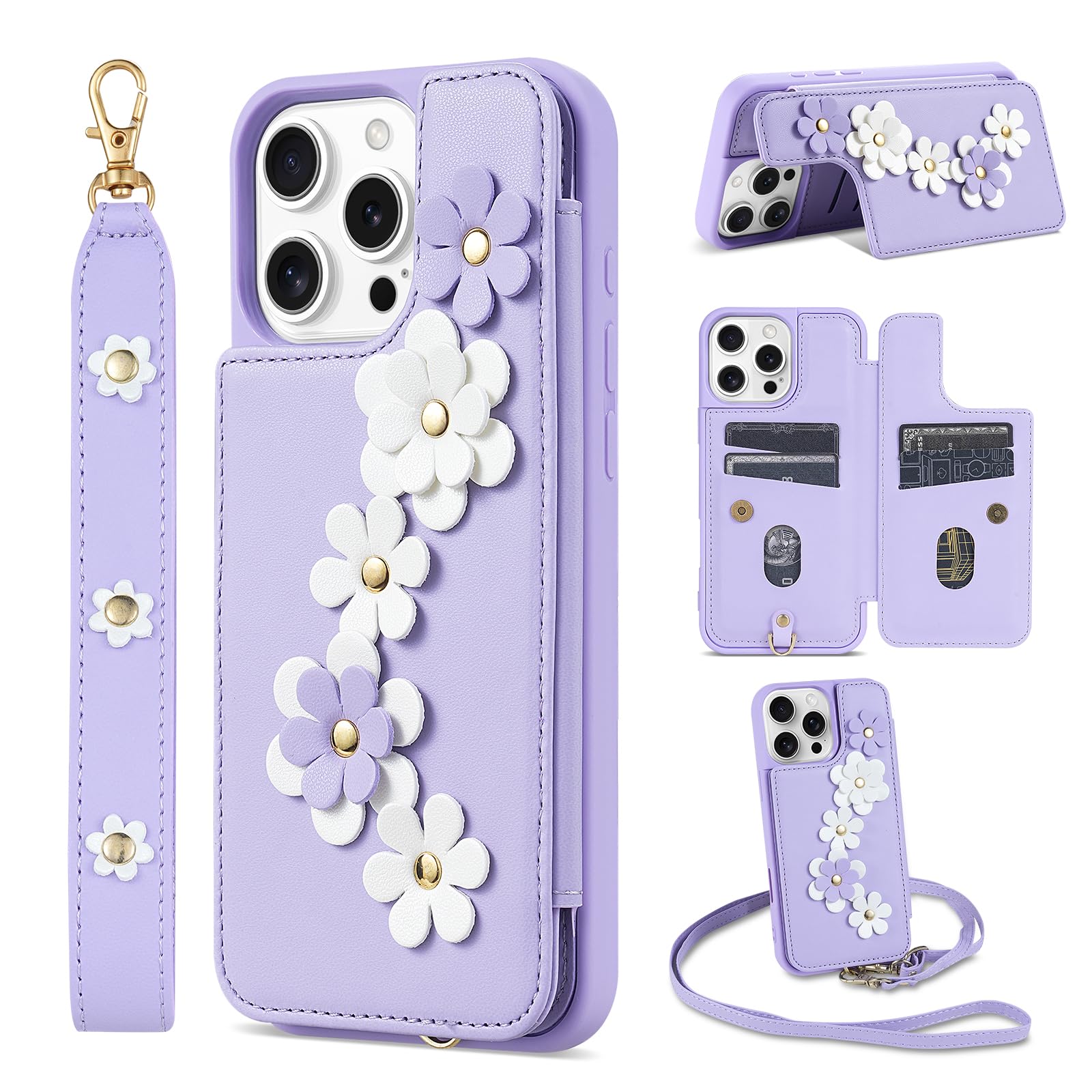 ZORBES® for 16 Pro Max Case, Wallet with Card Holder, Cute Flower Design Crossbody Phone Purse for Women, PU Leather Kickstand Shockproof Cover with Wrist Strap Phone Case 6.9 ZORBES® for 16 Pro Max Case, Wallet with Card Holder, Cute Flower Design Crossbody Phone Purse for Women, PU Leather Kickstand Shockproof Cover with Wrist Strap Phone Case 6.9